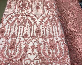 Dusty Rose Beaded Fabric - by yard - Embroidered Damask Pattern With Pearls and Beads on Mesh Lace Fabric Wedding