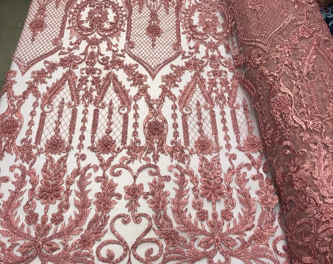 Dusty Rose Beaded Fabric - by yard - Embroidered Damask Pattern With Pearls and Beads on Mesh Lace Fabric Wedding