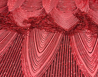 Red Fringe Sequins on Power Mesh, Fringe Design Embroidered on 4 Way Stretch Fancy Sequin ( Choose The Size )