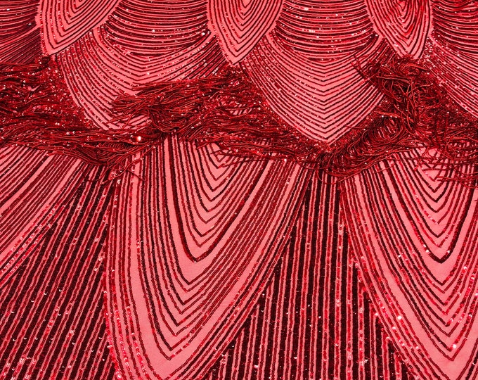 Red Fringe Sequins on Power Mesh, Fringe Design Embroidered on 4 Way Stretch Fancy Sequin ( Choose The Size )