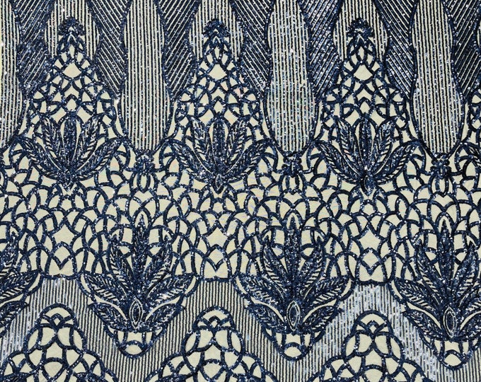 Navy Blue Sequin Fabric | Floral Damask Design on a 4 Way Stretch | Sequins Lace | Spandex Fabric For Prom-Gown By The Yard