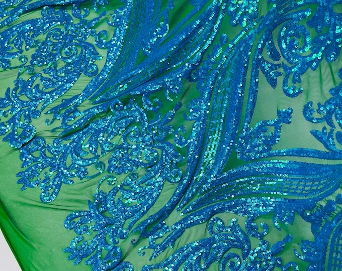 Turquoise Iridescent Sequin Fabric by the yard - on Emerald Green Power Mesh, Big Damask Design 4 Way Stretch Sequins Fabric Prom-Gown