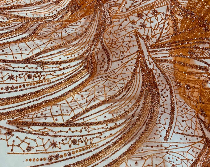 Rust Orange Silver Rhinestones Glitter Fabric on a Mesh By The Yard | Fashion Desing Glitter Rhinestones on Mesh Fabric, Wedding Bridal/Prom
