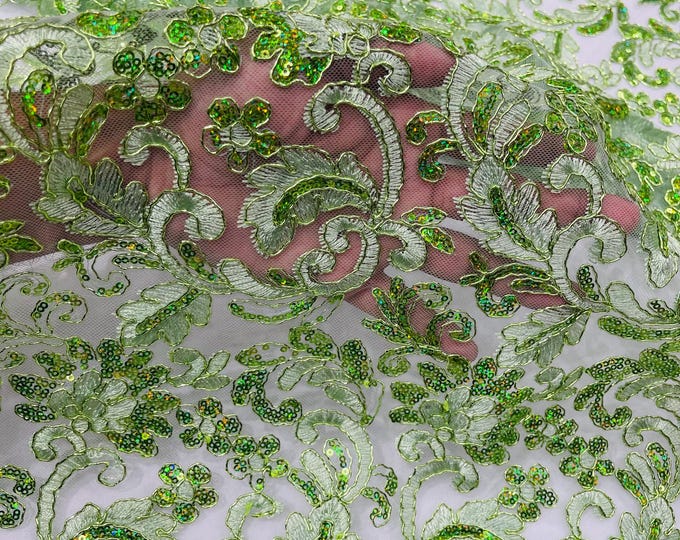 Sage Green Metallic Corded Flower Lace Fabric by the yard: Embroider With Holographic Sequins Fabric