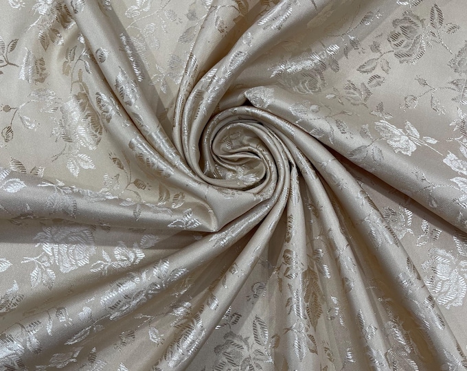 Champagne Floral Brocade Jacquard Satin Fabric - 58/60" Wide