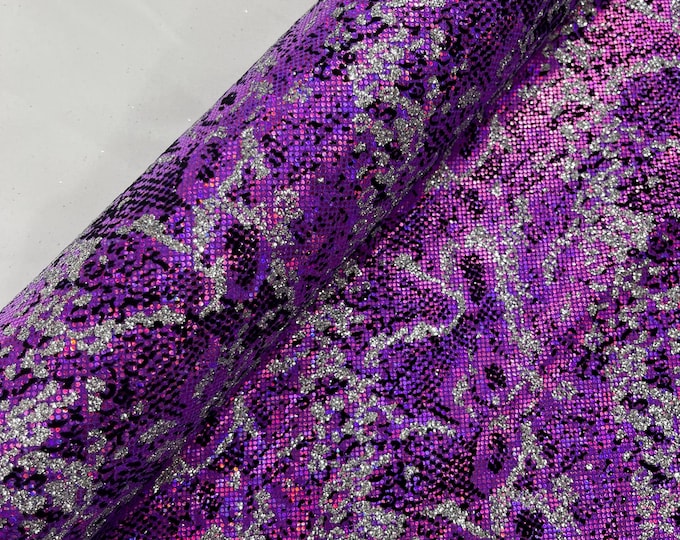 Purple Silver Glitter Snake Design Shattered Glass Nylon Spandex Fabric By Yard, Snake Flocking Hologram, Glitter Snake Nylon Spandex Fabric
