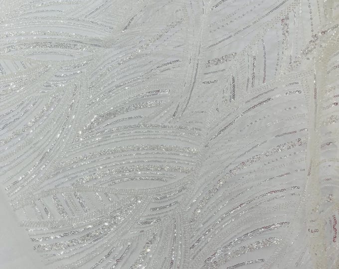 Ivory Beaded Lace Fabric: Embroidered Mesh, Bridal Wedding Dress - Fashion Beaded