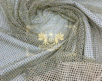 Iridescent Rhinestone Fishnet Fabric: Champagne Stretch Spandex, Crystal Stones