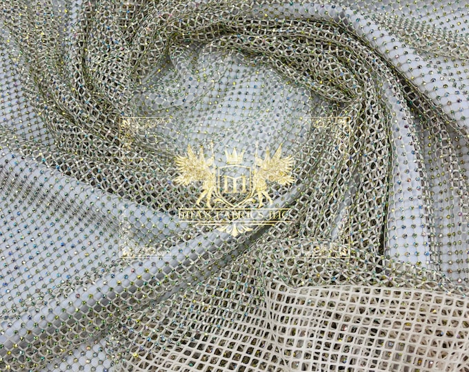 Iridescent Rhinestones Fabric On Champagne Stretch Net Fabric, Spandex Fish Net with Crystal Stones sold by the yard