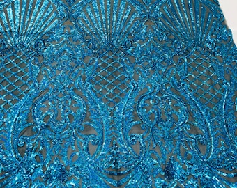 Holographic Turquoise Sequin Damask Lace Mesh – Prom Gown Fabric