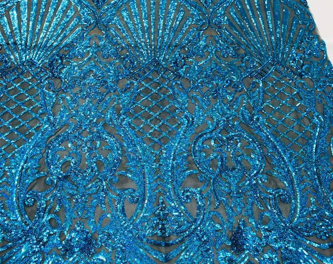 Holographic Turquoise Sequin Damask Selena Design on a 4 Way Stretch Sequin Lace Mesh - Prom Gala Gown Fabric By Yard