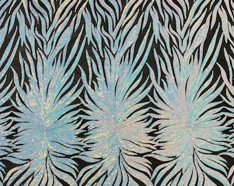Aqua Iridescent Sequin, Black Mesh - 4 Way Stretch Phoenix Wing Sequin Spandex Mesh Fabric for Prom Gala Gown Sold By Yard