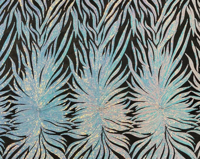 Aqua Iridescent Sequin, Black Mesh - 4 Way Stretch Phoenix Wing Sequin Spandex Mesh Fabric for Prom Gala Gown Sold By Yard