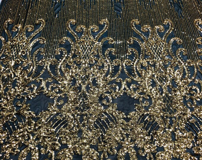 Gold Sequins Lace Fabric On Black Mesh Damask Design Embroidered On 4 way Stretch Sequin By The Yard -Prom-Gown ( Choose The Size )