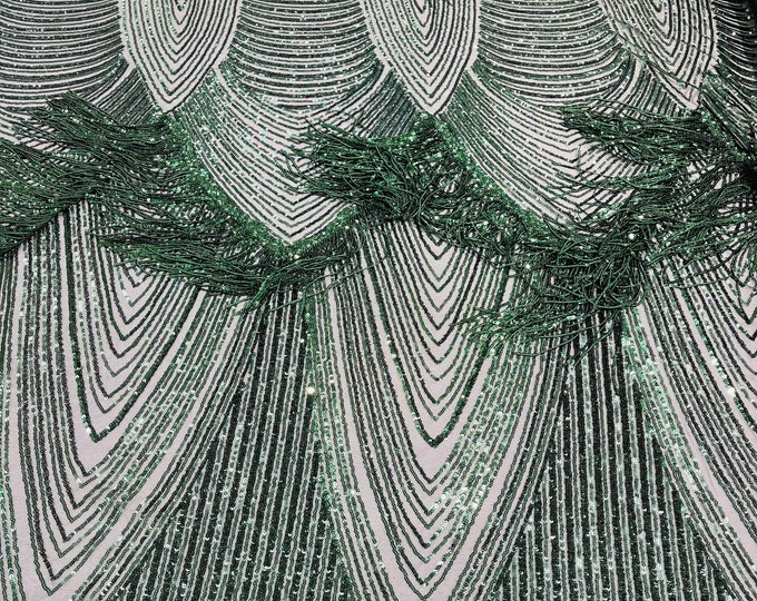 Hunter Green Fringe Sequins on Power Mesh, Fringe Design Embroidered on 4 Way Stretch Fancy Sequin ( Choose The Size )