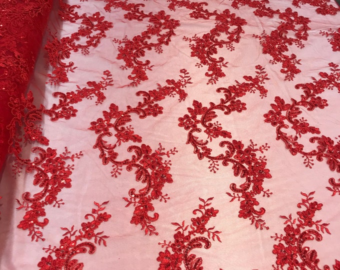 Red Floral Lace Fabric, Embroidery With Sequins on a Mesh Lace Fabric By The Yard For Gown, Wedding-Bridal