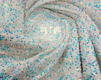 Blue Iridescent Sequin Fabric: White Stretch Velvet, Costume Craft - By The Yard