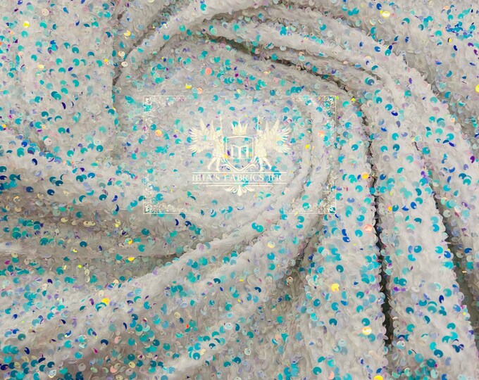 Blue Iridescent Sequin Fabric On White Stretch Velvet by the yard (Pick a Size) Costume Craft Fabric - Sequins Velvet Fabric