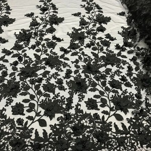 Black 3D Floral Design Embroider and Beaded With Pearls On a Mesh Lace-Prom-Dresses-Nightgown-Apparel-Fashion By The Yard