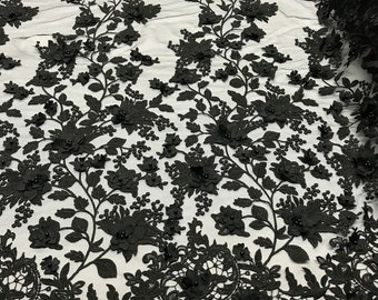 Black 3D Floral Design Embroider and Beaded With Pearls On a Mesh Lace-Prom-Dresses-Nightgown-Apparel-Fashion By The Yard