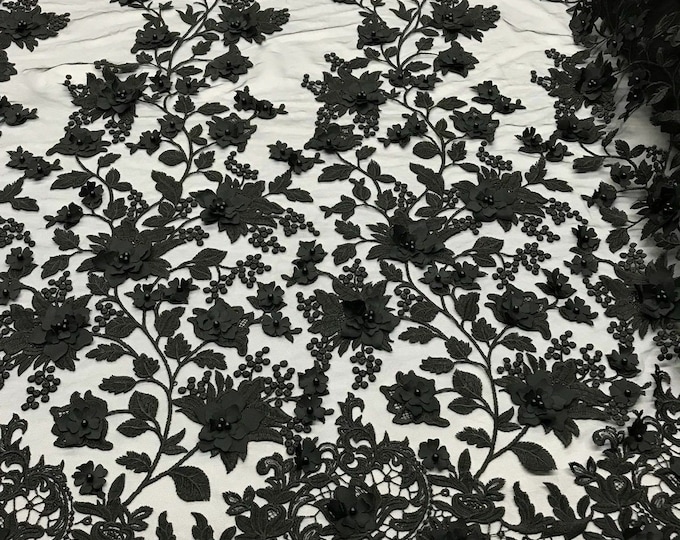 Black 3D Floral Design Embroider and Beaded With Pearls On a Mesh Lace-Prom-Dresses-Nightgown-Apparel-Fashion By The Yard