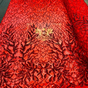 Red Damask Sequin Fabric, Embroidered Mesh, Prom Gown Fabric