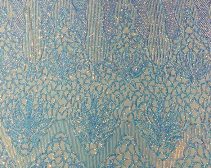 Aqua Iridescent Sequin Fabric #01 | Floral Damask Design on a 4 Way Stretch | Sequins Lace | Spandex Fabric For Prom-Gown By The Yard