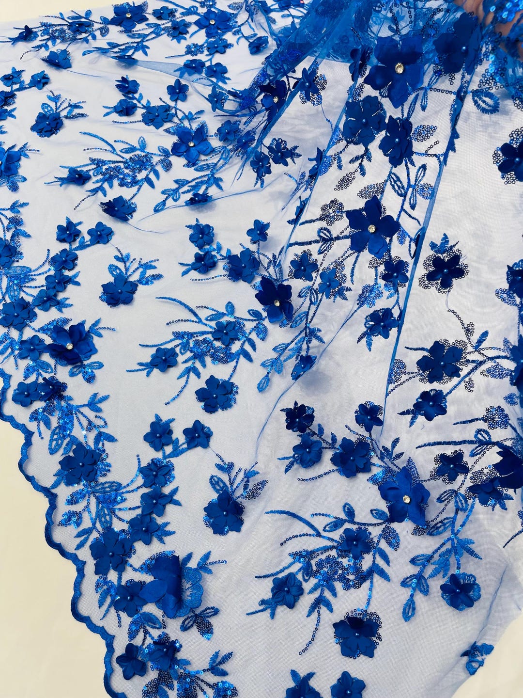 Royal Blue 3D Floral Lace Fabric Sequin: Embroidered With Pearls and ...