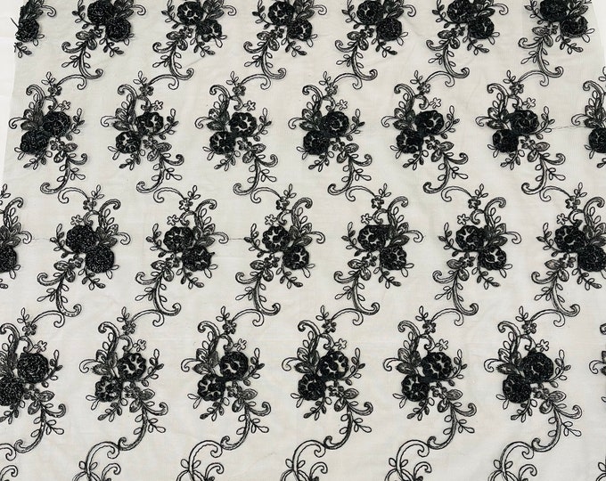 Black Floral Lace Fabric - By The Yard - Embroidery Flower With Sequins on a Mesh Lace Fabric For Gown, Wedding-Bridal