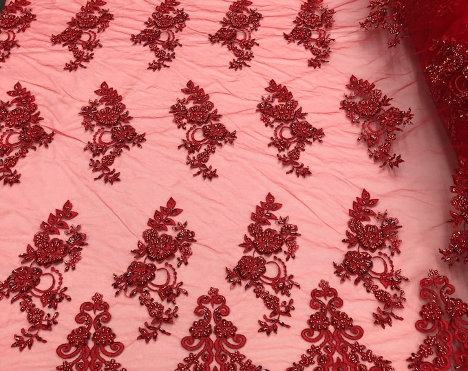 Red Floral Cluster Beaded Fabric - Embroidered Flower Beaded Fabric Wedding Bridal Sold By The Yard
