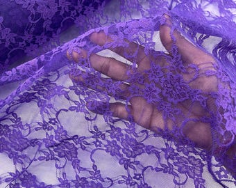 Purple Floral Lace Fabric - 4-Way Stretch Spandex Mesh, Sold by the Yard