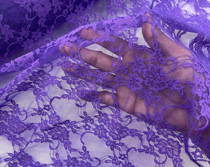 Purple Stretch Spandex Mesh Net Lace Fabric Sold by the yard - Floral Pattern 4 Way Stretch