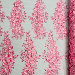 Candy Pink 3D Floral Lace Fabric by the yard, Flower Design Embroider With Rhinestones On a Mesh, Prom-Dresses-Nightgown-Apparel-Fashion