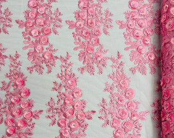 Candy Pink 3D Floral Lace Fabric by the yard, Flower Design Embroider With Rhinestones On a Mesh, Prom-Dresses-Nightgown-Apparel-Fashion