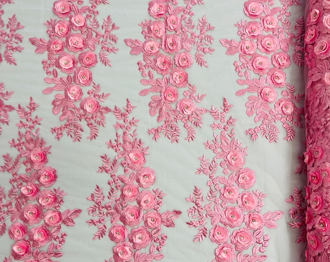 Candy Pink 3D Floral Lace Fabric by the yard, Flower Design Embroider With Rhinestones On a Mesh, Prom-Dresses-Nightgown-Apparel-Fashion