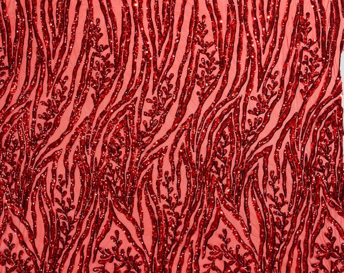 Red Sequin Fabric 4 Way Stretch Fashion Design Sequins on Spandex Mesh Prom Gala Gown Fabric By The Yard