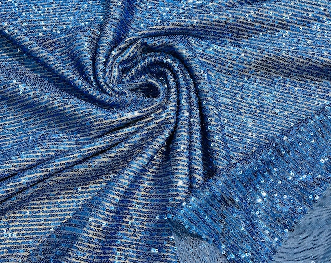 Royal Blue Mille Striped Stretch Sequins | by the yard | Lace 4 Way Mesh-Prom-Gown | Wedding Couture Fabric | Sequin Fabric