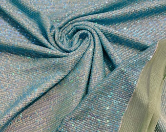 Turquoise Iridescent Sequin Fabric | 4-Way Stretch Mesh, Mille Stripe