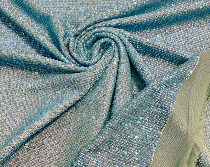 Turquoise Iridescent | Mille Striped Stretch Sequins | by the yard | Lace 4 Way Mesh-Prom-Gown | Wedding Couture Fabric | Sequin Fabric