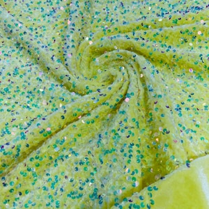 Clear iridescent Sequin Fabric on Yellow Stretch Velvet by the yard all Over 5mm Sequins Velvet 2-way Stretch 58-60”