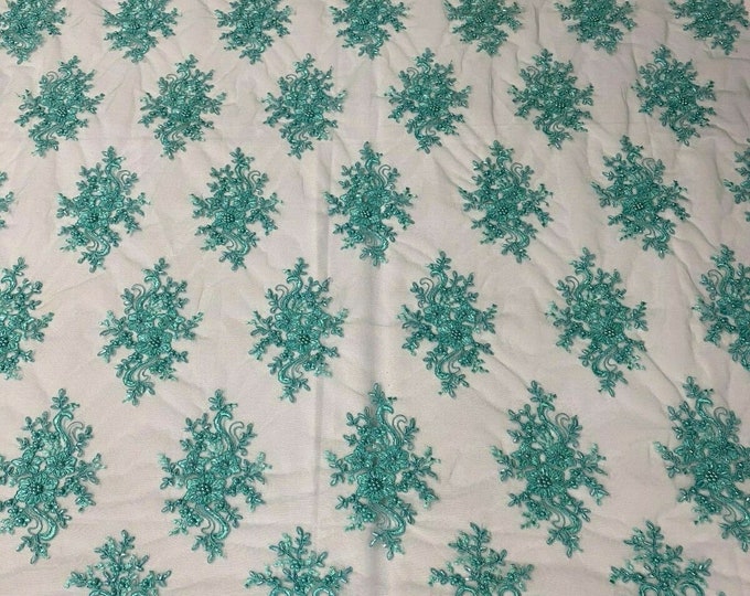 Turquoise Cluster Bead Fabric - Embroidered Flower Beaded Fabric Wedding Bridal Sold By Yard