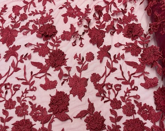 Burgundy 3D Flower-Floral and Leaves Embroidery on a Mesh Lace Fabric , Floral Bridal Lace Wedding Dress By The Yard