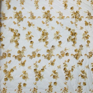 Gold 3D Floral Lace Fabric with Pearls - Bridal Wedding Lace