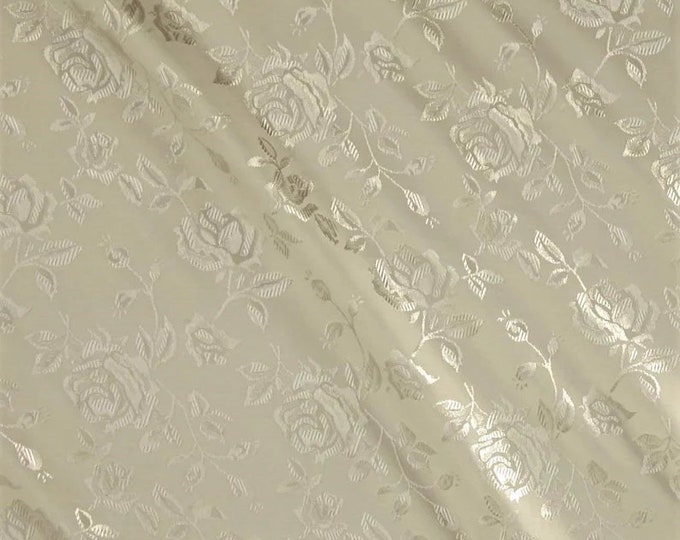 Ivory Flower Brocade Jacquard Satin Fabric, Sold By The Yard Polyester Satin Floral Wide 58/60"  (Choose The Quantity)