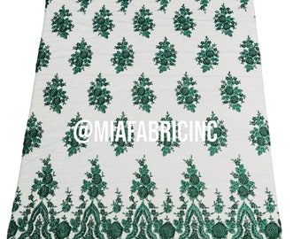 Hunter Green Beaded Embroidered Lace Fabric: Bridal Wedding Design