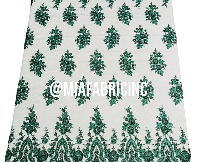 Hunter  Green Beaded Fabric Embroidered on a Mesh | Fashion Design Beads and Sequins | Beaded Lace | Beaded Wedding | Bridal Lace Fabric