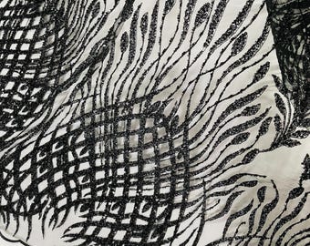 Black Beaded Damask Fabric: Heavy Sequin Appliqué Lace