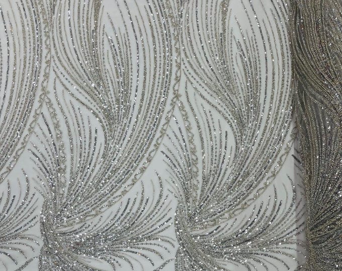 Silver Beaded Fabric, White Mesh by the yard, Bridal beaded, Fashion Pattern With Beads and Sequin, for bridals,weddings,prom dress.