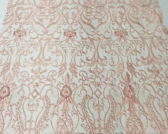 Blush Pink Damask Fabric: Beaded Embroidered Mesh, Bridal Wedding Fabric