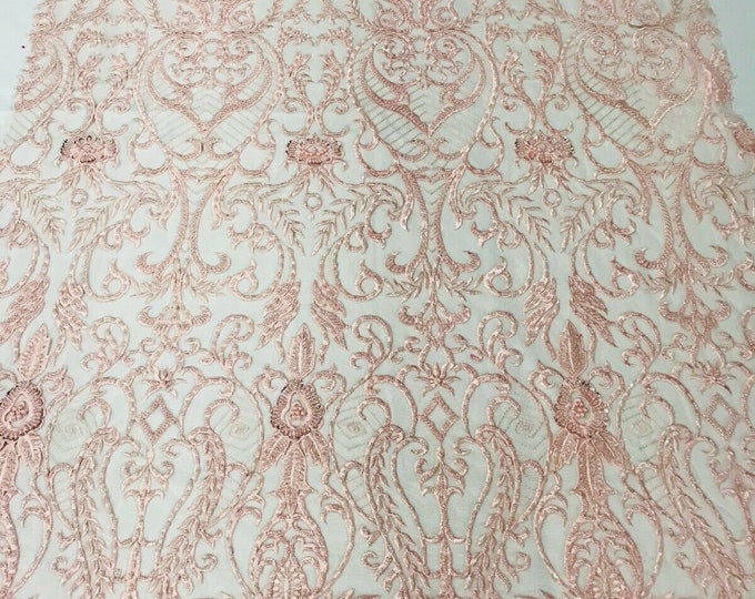 Glam Damask Beaded Fabric, Blush Pink - Embroidered Fashion Fabric with Beads Wedding Bridal Sold By Yard